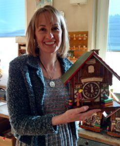 Jodie with Quilt Shop Cuckoo Clock at the Anton Schneider Factory